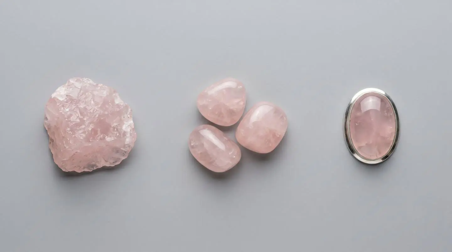 Comparaison visuelle de trois formats de quartz rose : fragment brut, pierres roulées polies, et cabochon taillé sur fond gris.