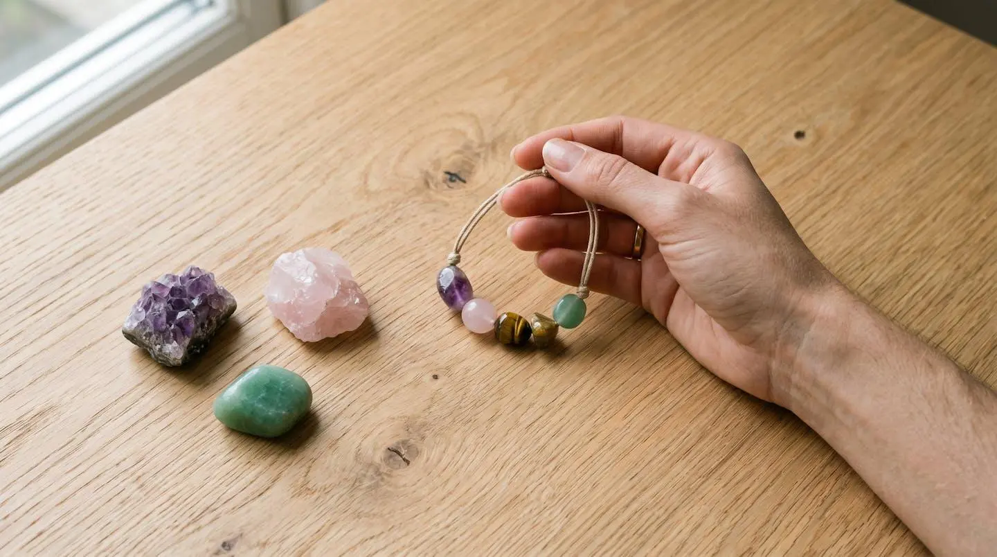 Une main tient un bracelet de pierres roulées multicolores sur une table en bois clair, avec trois pierres brutes disposées à côté.