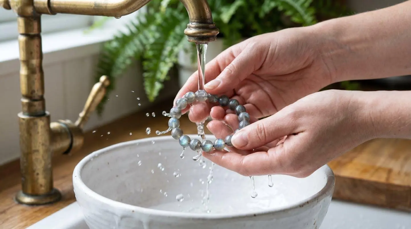Deux mains tiennent un bracelet en pierres roulées sous un filet d'eau coulant d'un robinet en laiton, au-dessus d'un bol blanc.